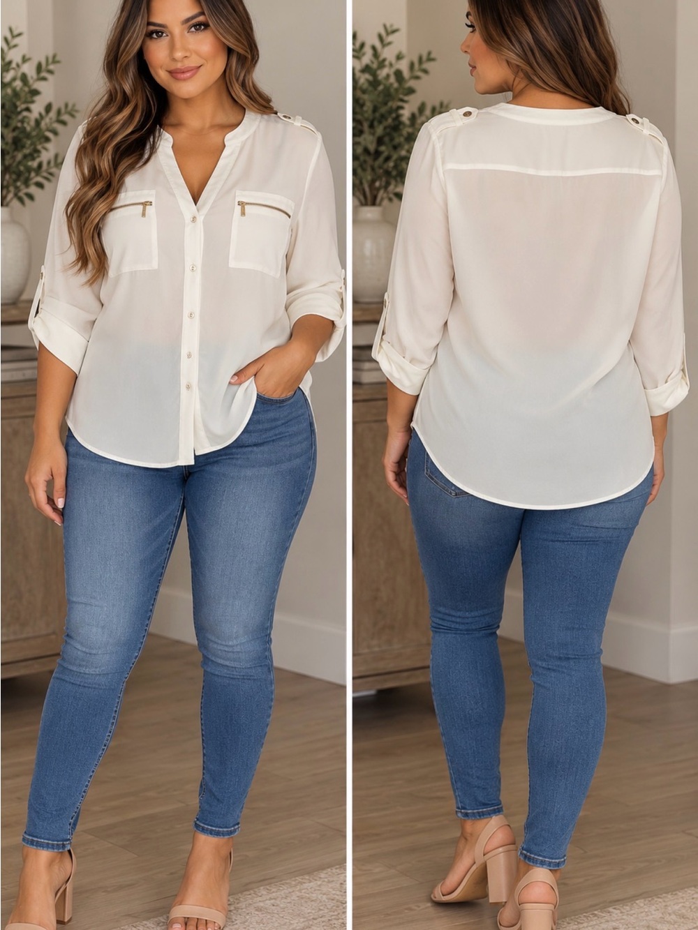 Cream Button-Front Shirt with Zip Pocket Accents